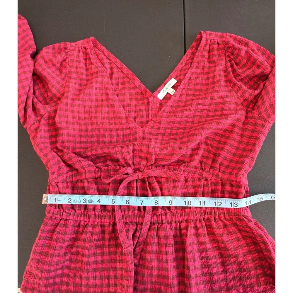 Madewell Crinkled‎ V-Neck Peplum Top Plaid Hibiscus Blouse Crinkled Drapey Small